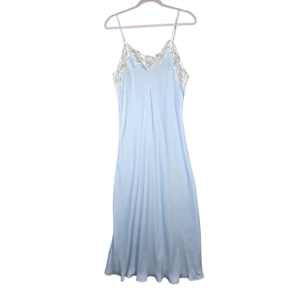 Eileen West Nightgown Womens Large Blue Lace Trim Satin Maxi Slip Dress Coquette